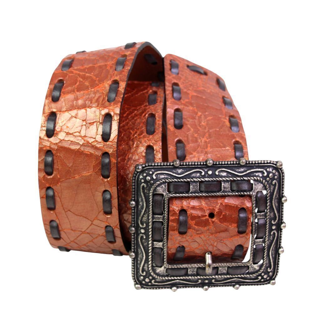 Fabio Corti CRACKLE BRONZE REAL LEATHER 2"Wd STITCH CORSET WOMEN BELT Sz XL (A60